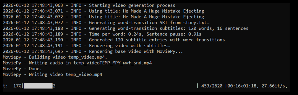 Python pipeline log generating short-form video content